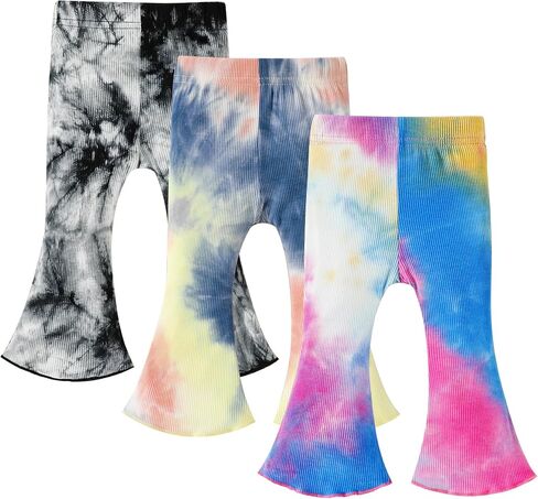 3 Pack Baby Girl Pants Tie-Dye Toddler Girls Flare Pants Newborn Bell Bottoms Ruffled Ribbed Knite Toddler Leggings in Saudi Arabia
