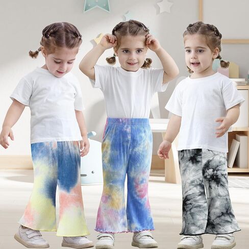 3 Pack Baby Girl Pants Tie-Dye Toddler Girls Flare Pants Newborn Bell Bottoms Ruffled Ribbed Knite Toddler Leggings in Saudi Arabia
