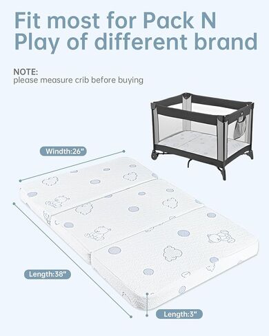 Pack and Play Mattress Pad, 38x26 High Resilience Memory Foam Baby Mattress for Pack n Play, Travel Dual-Sided Pack n Play Mattresses Topper with Soft Bear Jacquard Cover & Carrying Bag in Saudi Arabia