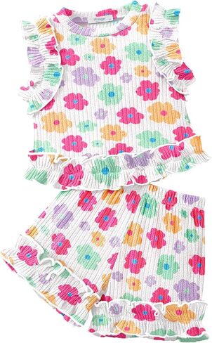 Arshiner Toddler Girls Clothes Ribbed Knit Ruffle Sleeveless Tops and Shorts with Pockets Cute Summer 2 Pieces Short Sets in Saudi Arabia