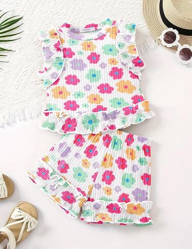 Arshiner Toddler Girls Clothes Ribbed Knit Ruffle Sleeveless Tops and Shorts with Pockets Cute Summer 2 Pieces Short Sets in Saudi Arabia