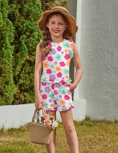 Arshiner Toddler Girls Clothes Ribbed Knit Ruffle Sleeveless Tops and Shorts with Pockets Cute Summer 2 Pieces Short Sets in Saudi Arabia