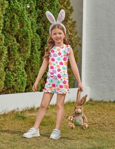 Arshiner Toddler Girls Clothes Ribbed Knit Ruffle Sleeveless Tops and Shorts with Pockets Cute Summer 2 Pieces Short Sets in Saudi Arabia