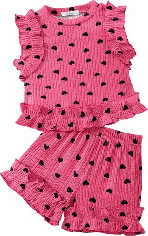 Arshiner Toddler Girls Clothes Ribbed Knit Ruffle Sleeveless Tops and Shorts with Pockets Cute Summer 2 Pieces Short Sets in Saudi Arabia