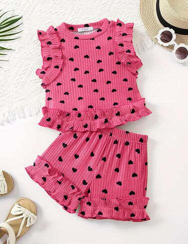 Arshiner Toddler Girls Clothes Ribbed Knit Ruffle Sleeveless Tops and Shorts with Pockets Cute Summer 2 Pieces Short Sets in Saudi Arabia