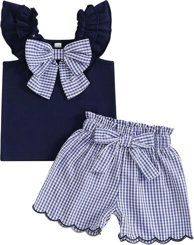 Toddler Baby Girl Summer Outfit Bow Embroidery Short Sleeve T-Shirt Plaid Ruffle Shorts Set Little Girls Clothes in Saudi Arabia