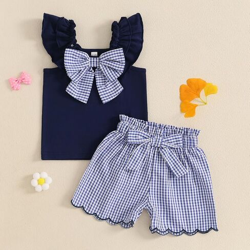 Toddler Baby Girl Summer Outfit Bow Embroidery Short Sleeve T-Shirt Plaid Ruffle Shorts Set Little Girls Clothes in Saudi Arabia