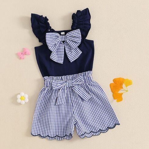 Toddler Baby Girl Summer Outfit Bow Embroidery Short Sleeve T-Shirt Plaid Ruffle Shorts Set Little Girls Clothes in Saudi Arabia