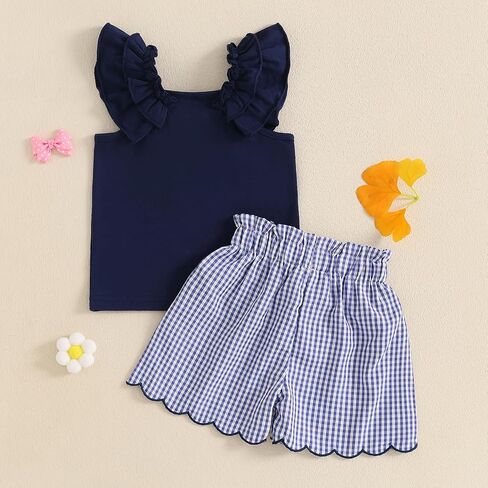 Toddler Baby Girl Summer Outfit Bow Embroidery Short Sleeve T-Shirt Plaid Ruffle Shorts Set Little Girls Clothes in Saudi Arabia