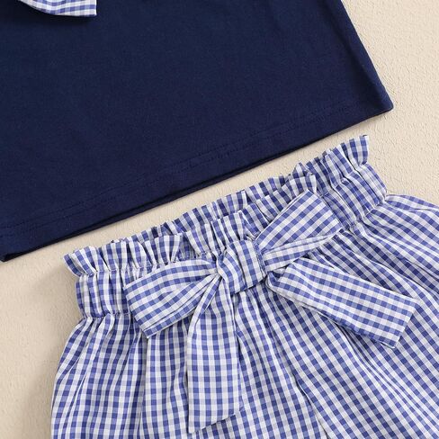 Toddler Baby Girl Summer Outfit Bow Embroidery Short Sleeve T-Shirt Plaid Ruffle Shorts Set Little Girls Clothes in Saudi Arabia