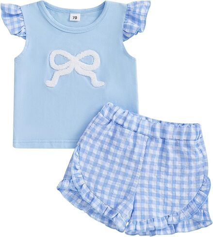 Toddler Baby Girl Summer Outfit Bow Embroidery Short Sleeve T-Shirt Plaid Ruffle Shorts Set Little Girls Clothes in Saudi Arabia