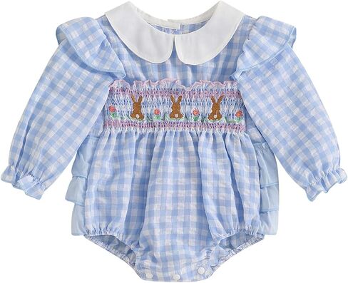 Adobabirl Infant Baby Girl Outfit Newborn Bow Bubble Romper Long Sleeve Embroidery Jumpsuit Cute Smocked Clothes in Kuwait