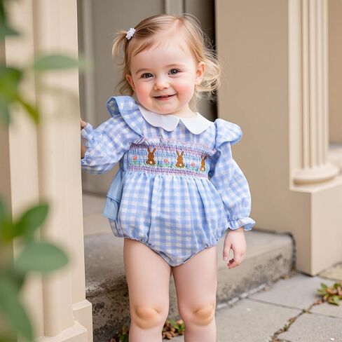 Adobabirl Infant Baby Girl Outfit Newborn Bow Bubble Romper Long Sleeve Embroidery Jumpsuit Cute Smocked Clothes in Kuwait