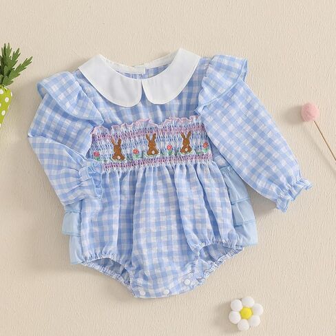 Adobabirl Infant Baby Girl Outfit Newborn Bow Bubble Romper Long Sleeve Embroidery Jumpsuit Cute Smocked Clothes in Kuwait