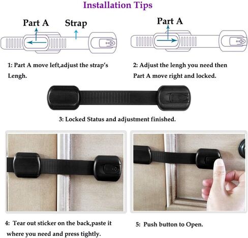 8 Pack Black Child/Baby Safety Cabinet Locks - Maveek Adjustable Strap Baby Proof Latches with No Trapped Fingers for Cupboard/Drawers/Closet/Toilet Seat/Oven and Fridge, Free 9 Extra Adhesive Pads in Kuwait