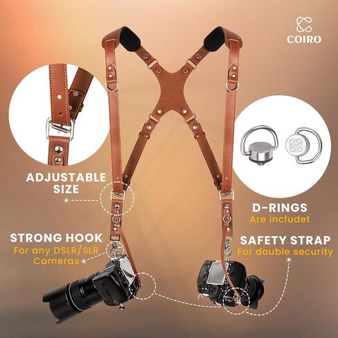 Camera Harness for 2 Cameras – Dual Shoulder Leather Camera Strap – Double Camera Harness for DSLR/SLR, Camera Straps for Photographers of All Levels, Standard Straps/Color Brown in Kuwait