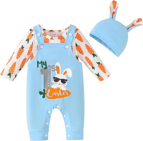 Baby Boy Easter Outfit Bunny Romper+Overalls Pants+Hat 3PC My First Easter Clothes 0-18 Months in Kuwait