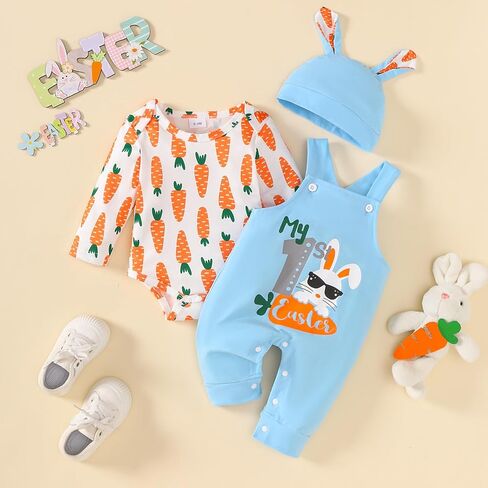 Baby Boy Easter Outfit Bunny Romper+Overalls Pants+Hat 3PC My First Easter Clothes 0-18 Months in Kuwait