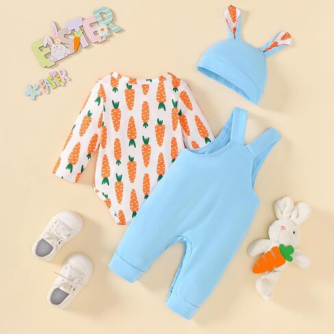 Baby Boy Easter Outfit Bunny Romper+Overalls Pants+Hat 3PC My First Easter Clothes 0-18 Months in Kuwait