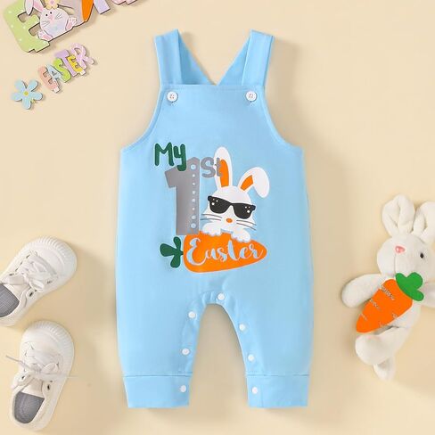 Baby Boy Easter Outfit Bunny Romper+Overalls Pants+Hat 3PC My First Easter Clothes 0-18 Months in Kuwait
