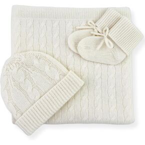 Jet&Bo BABY 100% Cashmere Baby Blanket, Beanie and Booties Gift Set Cable Knit Design in Cream – Unisex, Size 0-6 Months - Gift Box and Card Included