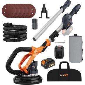 MAXXT Cordlees Drywall Sander with Vacuum Dust Collection, Brushless Electric Wall Sander with 7 Variable Speed Foldable Telescopic, Popcorn Ceiling Removal Tool, 20V Max 4.0 Ah Battery and Charger