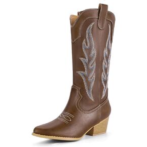 IDIFU IN2 Cowboy Boots for Women Mid Calf Cowgirl Boots Embroidered Western Boots Chunky Low Heel Pointed Toe Country Boots Cute Fashion Booties for Women Dress Wedding Heeled Boots