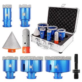 Diamond Core Drill Bit Set for Porcelain Porcelain Tile Ceramic Marble Brick Concrete Vacuum Brazed Hole Saw (25/35/45/65/75mm+4/5" Finger Bits+2" Beveling Chamfer Bit)