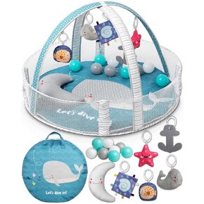 Baby Play Gym, Activity Mat | Baby Ball Pit Play Area with 5 Detachable Toys + Half Moon Pillow | Tummy Time Mat Promotes Motor Skills & Sensory Development [Llama Theme]
