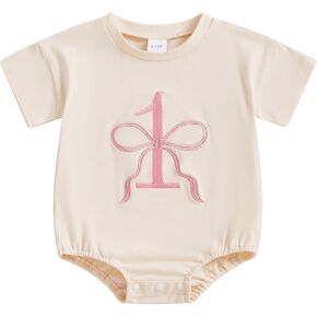 Baby Girl 1st Birthday Outfit Bow Bubble Romper Sweatshirt Short Sleeve Bodysuit T-Shirt Jumpsuit Summer Clothes