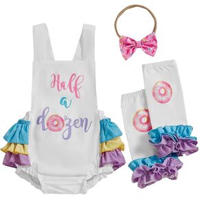 Baby Girl Half Birthday Outfit Doughnut Strawberry 6 months Romper Sleeveless Bodysuit +Leg Warmers Summer Clothes