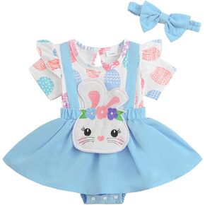 Gueuusu Baby Girl Easter Clothes Ruffle Short Sleeve Blue Easter Eggs Print Overall Romper Dress Headband Cute Newborn Outfit
