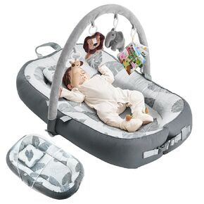Portable Baby Lounger with 4 Toys,Infant Lounger with Fitness Rack 0-24 Months,Co Sleeping Breathable & Soft 100% Cotton Newborn Lounger Machine-Washable (Baby Lounger with Fitness Rack)