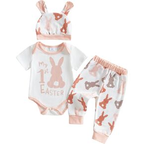 Ledy Champswiin Easter Baby Outfit Infant Boy Girl Short Sleeve Romper Newborn Bunny Pant My 1st Easter Clothes Set with Hat
