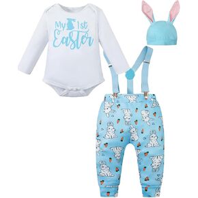 Infant Baby Boy My First Easter Outfit Bunny Romper Pants Set with Suspender Hat