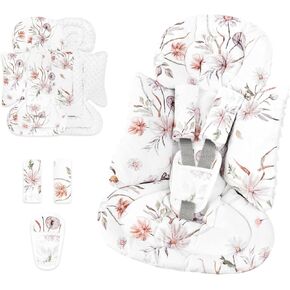 Infant Car Seat Insert and Strap Covers, Very Soft Car Seat Head Support Baby Girl Boy, Reversible Newborn Carseat Insert Cushion Fits for Stroller, Baby Swing, Bouncer (White Flower)