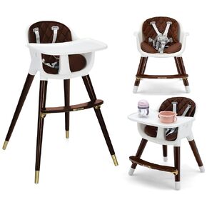 INFANS Baby High Chair, 3 in 1 Convertible Wooden Highchair for Babies & Toddlers, Modern Infant Feeding Chair with 5-Point Safety Harness, Footrest, Adjustable Legs, Removable Tray PU Cushion