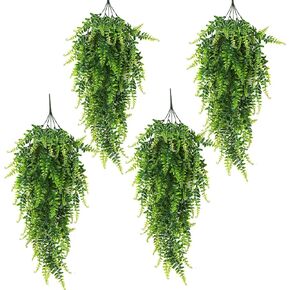 RECUTMS Artificial Boston Ferns 4 Pack Fake Hanging Plants with 30 LED Lights Faux Ivy Vine Leaves Plastic Greenery UV Resistant for Home Bedroom Wall Porch Garden Wedding Decor (Green)