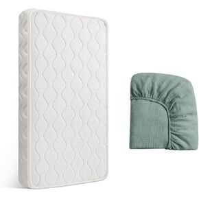 100% Breathable Crib Mattress, Certified Premium Foam Toddler Mattress for Toddler Bed with Soft Full-Zip Closure Design Cover, Soft Green Muslin Sheet for Replacement