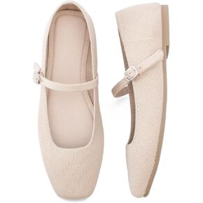 Knit Flats for Women Square Toe Flats Casual Ballet Flats with Ankle Strap,Mary Jane Shoes Women Comfortable for Dressy Office
