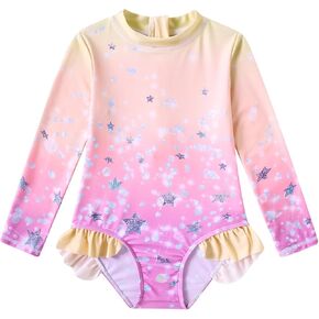 AIDEAONE Girls Swimsuit One Piece Zipper Bathing Suit Long Sleeve UPF 50+ Rash Guard Swimwear Size 2-7
