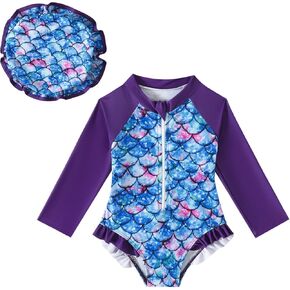 Goodplayer Baby Girl Swimsuit One-Piece Long Sleeve Rash Guard with Hat Set Zipper Bathing Suit
