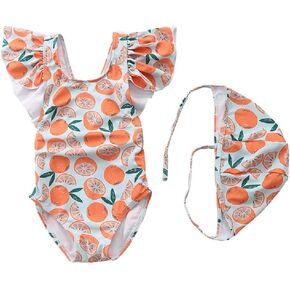 FreeLu Toddler Baby Girl Cross-Back Swimsuit One Piece Flounce Swimwear Summer Bathing Suit with Hat 18M - 6T