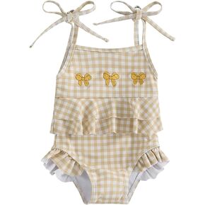 Toddler Baby Girl One Piece Swimsuit Rash Guard Plaid Bow Halter Bikini Ruffle Sleeveless Tutu Bathing Suit Swimwear
