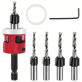 5Pcs Countersink Drill Bit Set with Adjustable Depth Stop, 82° Counter Bore Carbide Tipped Countersink Drill Bits kit with 1/4" Quick Change Hex Shank for Wood, Plastic, Woodworking (Red)