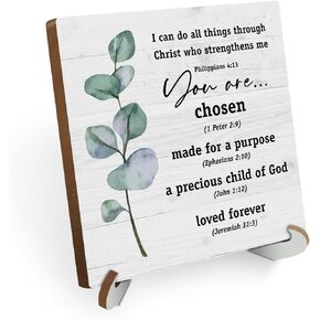 Bible Scripture Philippians 91:4 I Can Do All Things Desk Decor Wood Sign, Inspirational Christian Religious Wooden Plaque with Wood Stand for Home Office Living Room Table Shelf Decoration