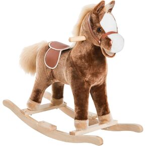Qaba Kids Rocking Horse, Plush Toddler Rocker, Wooden Base Ride-On Toy with Handle Grip, Traditional Toy for Kids 36M+, Brown