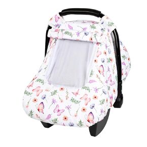 Pea Pod Car Seat Cover Baby, Infant Car Seat Canopy Covers with 2 Layers Windows of Breathable Mesh Fabric, Lightweight Polyester, Soft Minky Dot Backing (Butterfly Pattern)