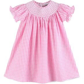 Baby and Girls Pink Gingham Smocked Bishop Dress