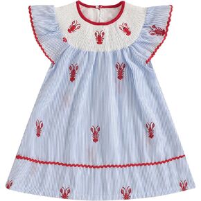 Toddler Baby Girl Crawfish Smocked Ruffle Short Sleeve Dress Lobster Plaid Princess Dresses Summer Outfits